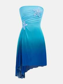 SHEIN Tween Girl Fashionable Elegant Ombre Blue Strapless Dress - Blue - View 4