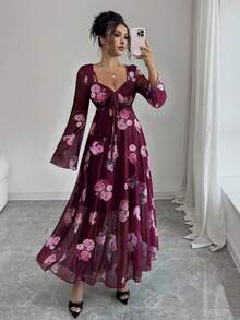 Elenzga Đầm đi nghỉ mát thời trang thanh lịch dành cho nữ, họa tiết hoa hồng, cổ tim, xoắn phía trước, vạt áo xếp ly bất đối xứng, tay áo loe bằng vải lưới co giãn. - Nhiều màu - Xem 3