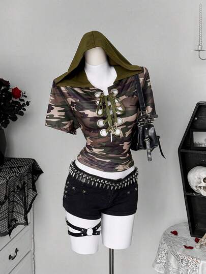 Sunspun Plus Size Women Camo Print Drawstring Hooded Short Sleeve Fitted Shirt