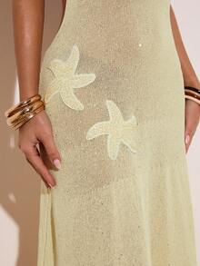 SHEIN BAE Casual Romantic Vacation Star Sequins Beaded Tie-Up Sweater Dress For Women - Light Yellow - View 7