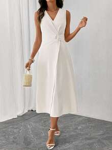 Uhlyne Women's Pleated Twist Design V-Neck Sleeveless Mid-Length Dress, Suitable For Spring, Summer, Autumn, Daily, Commute, Party, Date, Holiday - Apricot - View 7