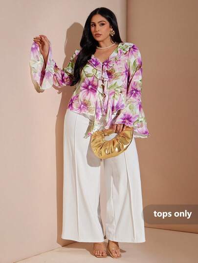 SHEIN BAE Plus Size Women's Digital Floral Print Loose Long Shirt,Women Fashion Floral Print V Neck Ruffle Trim Long Sleeve Blouse Casual Tops For Spring And Summer
Elegant Plus Size Floral Blouse With Ruffled Details V-Neck Long Flared Sleeves Chiffon Top For Women
Chic Women's Floral Print V-Neck Ruffle Blouse Long Bell Sleeve Flowy Chiffon Top For Everyday Wear