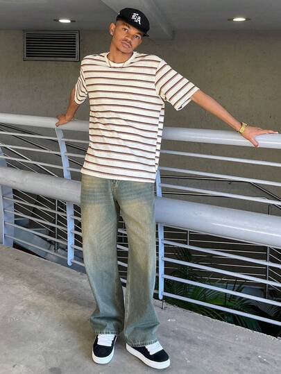 Ngobest Haus Ngobest Haus 男士多色提花条纹圆领短袖 T 恤，适合度假、用餐、居家、办公室休闲穿着，简约百搭时尚设计，是送给男朋友或丈夫的绝佳礼物