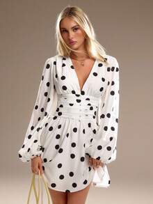 Avantive 波点白色收腰A字连衣裙，适合秋冬、新年、派对、海滩等各种场合，优雅休闲，适合度假。 - 白色 - 查看 7