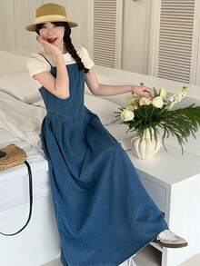 DAZY 女士牛仔吊带连衣裙，韩版水洗优雅长裙 - 中等水洗藍 - 查看 4