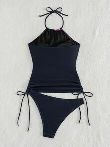 Aveloria Modichic Áo bikini hai dây không lưng, màu trơn, chất liệu vải có họa tiết, dây rút, dành cho nữ, thích hợp cho kỳ nghỉ. - màu đen - Xem 8