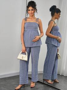 SHEIN 女士休闲度假极简条纹乡村风蓝色系带吊带背心+宽松阔腿裤孕妇两件套 - 彩色 - 查看 6
