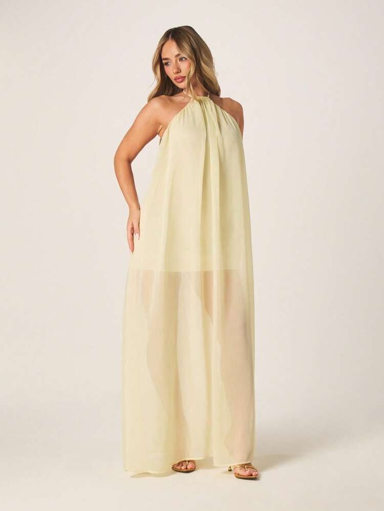 MISSGUIDED Women's Yellow Chiffon Halter Neck Backless Maxi Dress Summer Beach Wedding Guest Evening Flowing Sleeveless Party Gown