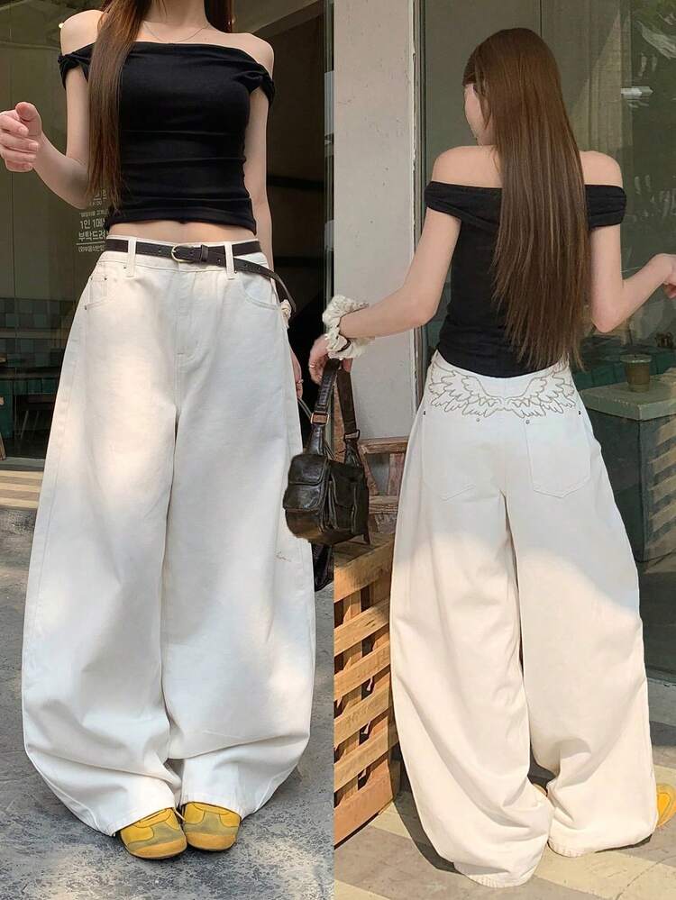 Women's Loose Embroidered Korean Style Washed Denim Jeans, Versatile For Spring/Summer