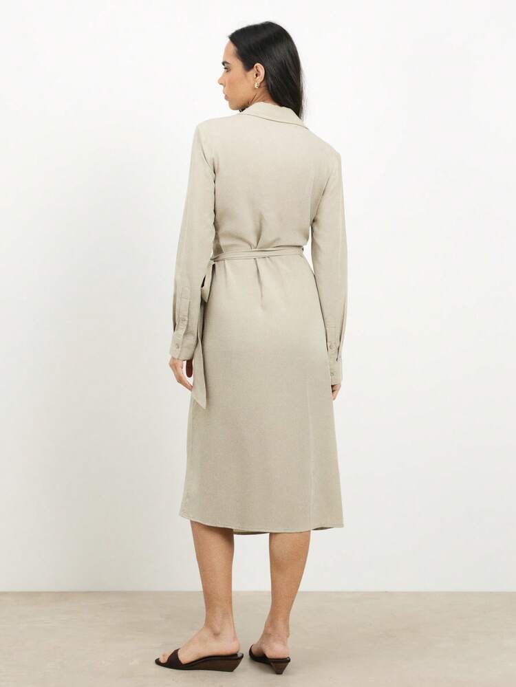KSTM Women's Beige Wrap Midi Dress With Long Sleeves And Collared Neckline For Work And Casual Occasions