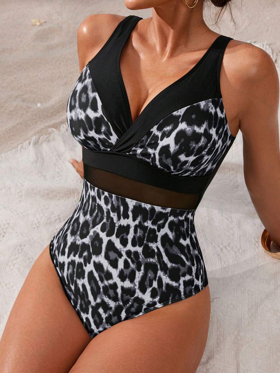 Swim Lushoire Women's Leopard Print Contrast Mesh One-Piece Swimsuit, Fashionable For Vacation - Black and White - View 1