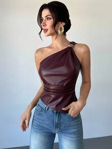 Firerie 女士优雅夏季金属搭扣装饰不对称领口侧褶皮革OL无袖衬衫，女士秋季单肩上衣，夏季上衣，适合度假、夜店、婚礼宾客等场合 - 中紫紅色 - 查看 4