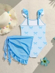 SHEIN Young Girls One-Pieces Cute Blue Bow-Print Bodysuit With Tulle Skirt 2pcs Set,Summer Beach Holiday Ruffled Swimwear Kids Fashionable Bathing Suit - Blue and White - View 2