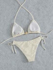 Bonvoyette Women's White Floral Summer Sensual Beach Holiday 2 Pieces Triangle Bikini Set,Halter Tie Top,Side Tie Bottom,Cheeky Thong,Pearl Bead Floral Lace - Brown - View 2