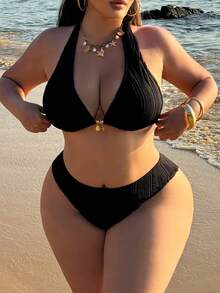 Swim SXY Traje de baño de 2 piezas para mujer talla grande, de unicolor, con escote halter y lazos, para playa y vacaciones - Negro - Ver 3