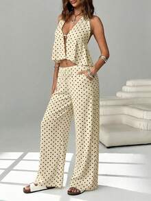 SHEIN EZwear 两件套：奶油色波点系带露背吊带背心和阔腿抽绳裤，适合夜店、度假、海滩、锐舞派对、夏威夷等各种场合。 - 彩色 - 查看 5