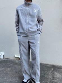 Ngobest Haus Ngobest Haus Men's Minimalist Print Long Sleeve Jacket And Pants Set Men Tracksuit Set Men Jogger Set 2 Pieces Set Men, Contrast Design, Fall Clothes - Light Grey - View 6