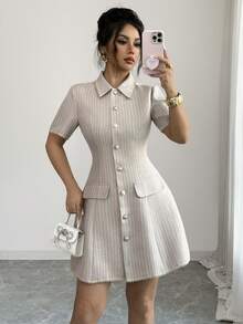 SHEIN Elenzya Women's Plaid Short Sleeve Single-Breasted Elegant Short Dress - Apricot - View 1