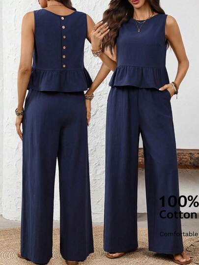 EMERY ROSE Women's Solid Color Crew Neck Ruffle Hem Sleeveless Top And Pants 2 Pieces Set Going Out Outfits Summer Outfits For Women Vacation Outfits Women Casual Sets For Women Country Outfits For Women Cotton Casual Outfit For Women Two Pieces Set For Women Casual Women Outfits Comfortable Sets For Women Sleeveless Top And Pants Set Navy Blue Two Pieces Casual Women's Pant Set Summer Sleeveless Casual Outfit Peplum Top Wide Leg Pants Navy Blue Pant Suit Casual Summer Sets Women's Two Pieces Outfits Sleeveless Co Ord Set
