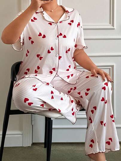 SHEIN Napfluff CURVE Heart & Stripe Print Open Front Short Sleeve Pajama Set For Plus Size Women