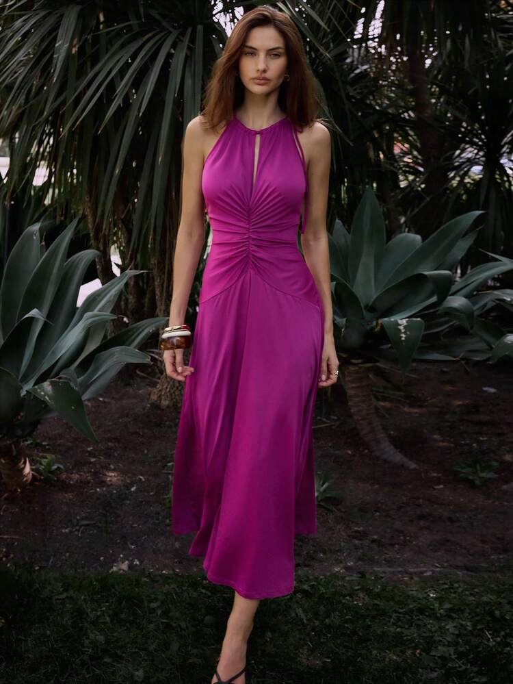SHEIN Maija Women's Elegant Magenta Solid Color Ruched Dress,Summer Holiday Vacation Outfits, Festival Wedding Guest Graduation Casual Summmer Dresses