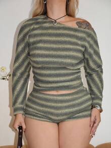 Arliah 女式秋冬 Y2K 休闲日常条纹弹力长袖露肩 T 恤 - 綠色 - 查看 6