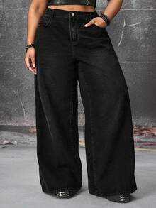 ROMWE Grunge Punk Jeans rectos de talla grande para mujer, extra largos, con lavado desgastado, estampado de cruz y vid, estilo punk - Negro - Ver 4