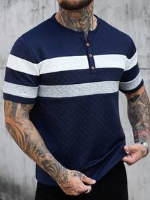 Manfinity Homme 男士条纹纽扣设计休闲短袖T恤，日常必备单品 - 藏蓝色 - 查看 3