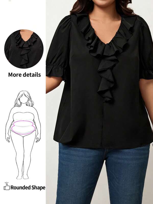 Enliva Plus Size Women V-Neck Ruffle Trim Short Sleeve Blouse, Summer Tops For Women Plus Size Black Top, For Apple And Rounded Body Shape