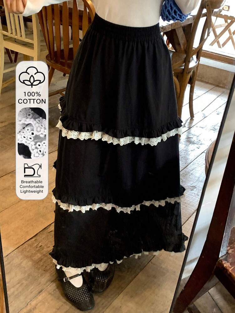 Women's Casual Versatile Contrast Color Lace Patchwork A-Line Skirt
