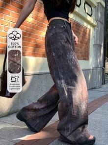 DAZY 女士宽松街头风韩版休闲全印花牛仔裤 - 咖啡棕 - 查看 1