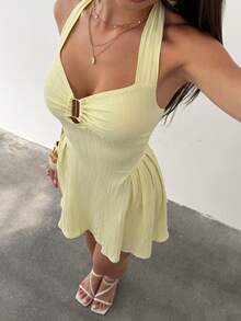 Bluhae 女士纯色纹理面料A字腰线中长连衣裙，优雅迷人，适合海滩、海岛度假、日常穿着、通勤，性感时尚，约会必备，法式街头复古百搭风，春夏新款，浅黄色，细肩带 - 淡黃色 - 查看 5