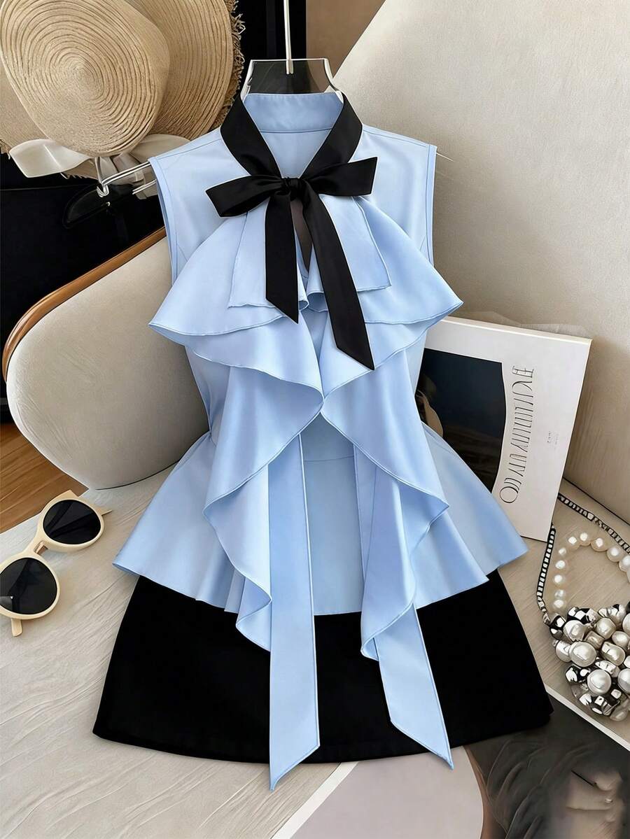Elenzga Áo kiểu nữ thời trang xuân/hè mới, chất liệu dệt phối màu, cổ nơ, viền bèo nhún, eo thắt, thanh lịch, thích hợp cho buổi hẹn hò, không tay. - Màu xanh lam - Xem 1