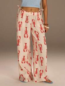 Athîral Women's Elastic Waist Lobster Print Wide Leg Loose Pants - Multicolor - View 1