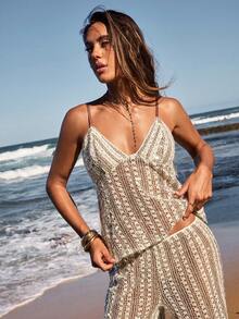 SHEIN BAE Áo hai dây móc len kẻ sọc nhiều màu sắc dành cho nữ, thích hợp mặc mùa hè/kỳ nghỉ biển/khu nghỉ dưỡng French Riviera/kỳ nghỉ ở Ý/kỳ nghỉ thường ngày/chuyến đi nghỉ dưỡng trên đảo/tuần trăng mật, thích hợp cho kỳ nghỉ biển, lễ hội âm nhạc, áo hai dây kẻ sọc, áo hai dây phong cách Bohemian. - màu nâu - Xem 4