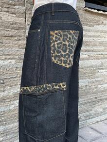 Ngobest Haus Ngobest Haus 1件男士复古美式拼接豹纹牛仔裤，休闲宽松阔腿裤 - 黑色 - 查看 3