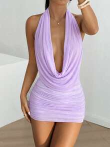 SHEIN EZwear 女款極簡風百褶下擺洋裝，淡紫色，派對夜店性感穿搭，夏季女裝洋裝 - 淡紫色 - 查看 4