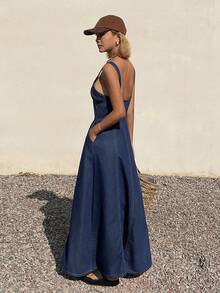 Livesso 女士无袖V领收腰牛仔度假连衣裙 - 藏蓝色 - 查看 2