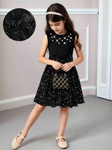 SHEIN Girls Elegant Knitted Dress With Metallic Foil Finish, Fashionable And Graceful, Suitable For Daily Wear, Birthday, School, And Various Gatherings, Spring/Summer - Black - View 2