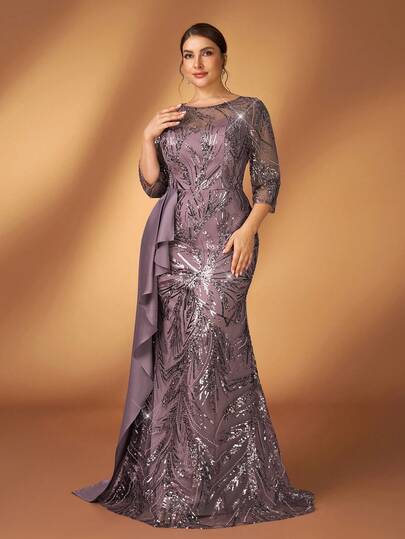 Serin Plus Size Elegant Luxurious Purple Sequin Embroidered Boat Neck 3/4 Sleeve Fitted Mermaid Hem Dress, Suitable For Evening Party, Gala, Date, Music Festival, Wedding, Mother Of The Bride