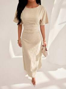 SHEIN PETITE Đầm nữ mùa hè màu trơn, chất liệu pha lanh, kiểu dáng thanh lịch thường ngày. - Màu Khaki - Xem 5