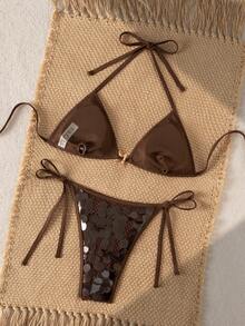 Bonvoyette Bộ 2 món bikini gợi cảm cổ yếm màu trơn đính sequin, thích hợp cho mùa xuân/hè. - màu nâu - Xem 2