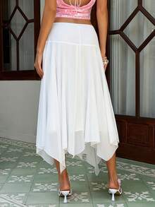 MainGRL 女士白色不对称下摆飘逸雪纺半身裙，适合春夏度假穿着 - 白色 - 查看 2