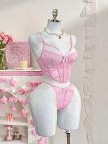 PetitDoll 2件套女士蕾丝边钢圈文胸和低腰蝴蝶结装饰内裤套装 - 粉色 - 查看 5
