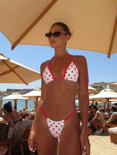 Swim Mod סט בגד ים שני חלקים עם הדפס נקודות בצבע ניגוד, צווארון קולר וקשירה, אביב/קיץ