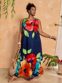 BrightlyHer 大码无袖花卉印花白色夏季连衣裙 - 藏蓝色 - 查看 1