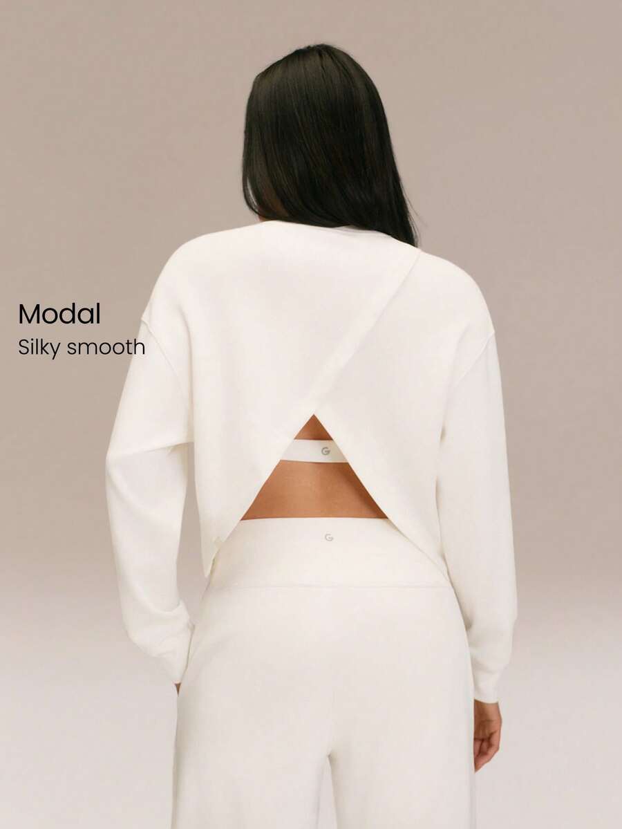 GLOWMODE SoftCalm Modal Easy Glow Soft Silky-Smooth Breathable Crossover Back Pullover Sweatshirt Daily Casual Wear - White - View 1