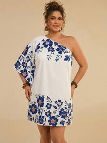 Travachic Plus Size Casual Asymmetric-Shoulder Floral Print Short Summer Dress - Blue and White - View 3