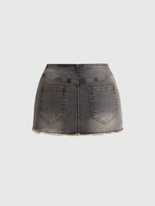 ROMWE Vintage Washed Gray Denim Front Zipper Closure Women Denim Mini Skirt - Light Grey - View 2