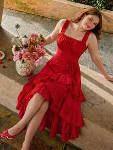 SHEIN MOD 大码杏色浪漫多层复古宫廷风荷叶边下摆女式连衣裙 - 紅色 - 查看 1